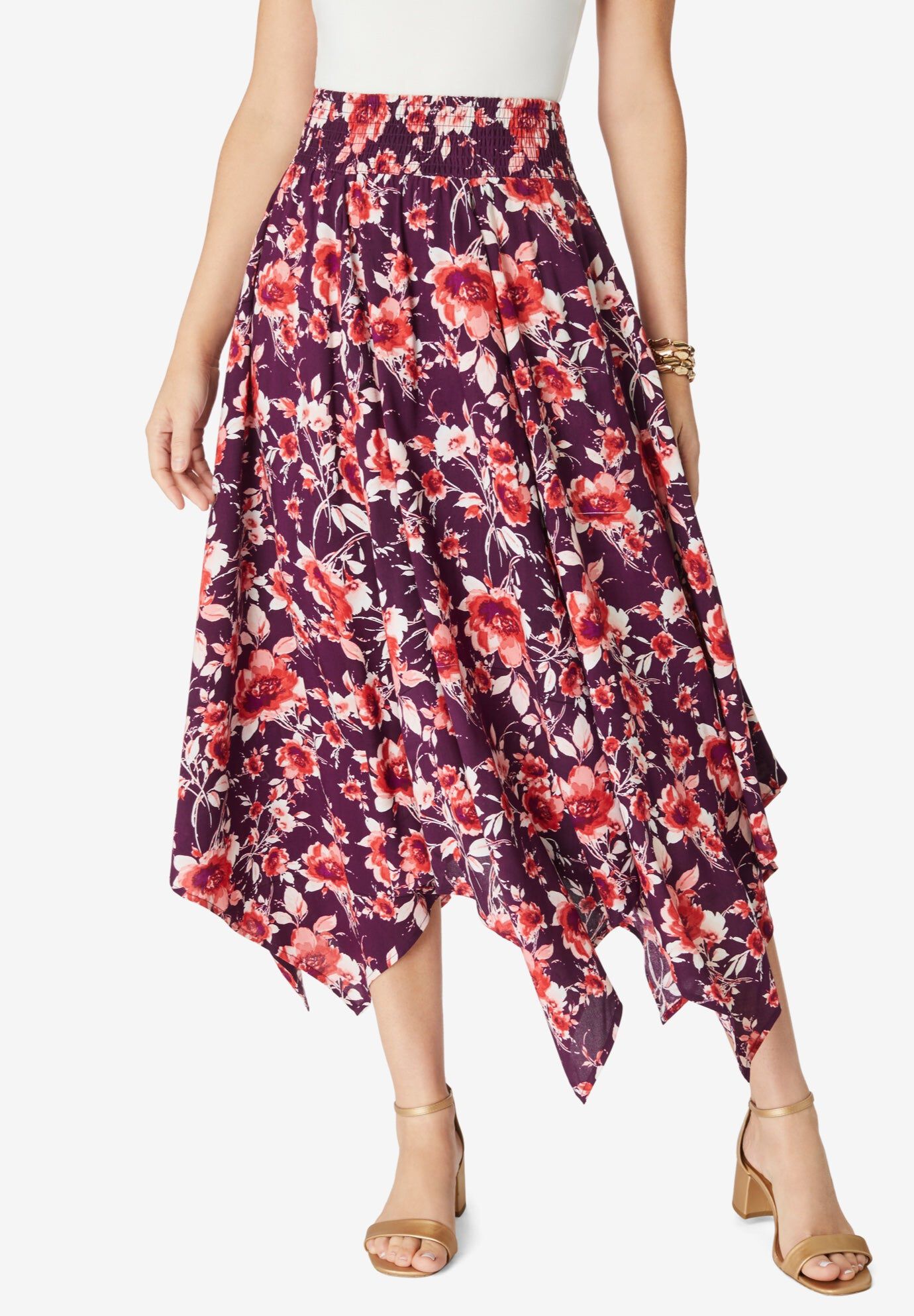 Plus Size Handkerchief Hem Skirt, BERRY WATERCOLOR ROSE, hi-res image number 0