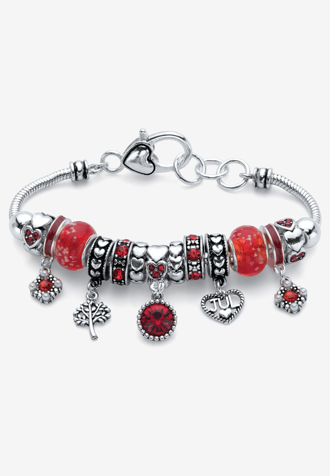 Antiqued Silvertone Simulated Birthstone 8 inches Charm Bracelet, JULY, hi-res image number 0