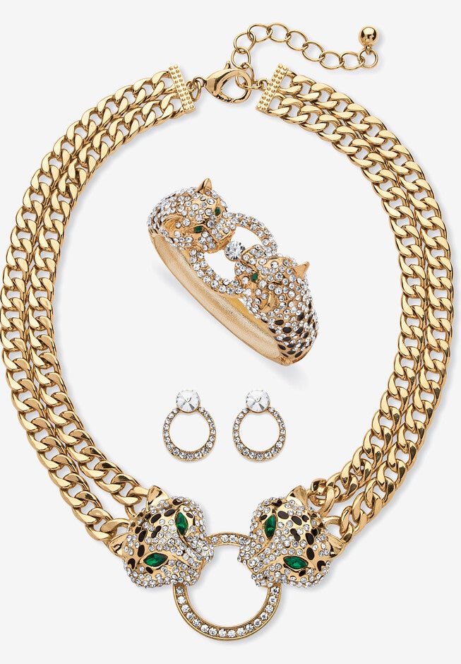 Gold Tone Leopard Collar Necklace, Earring and Bracelet Set, EMERALD, hi-res image number 0
