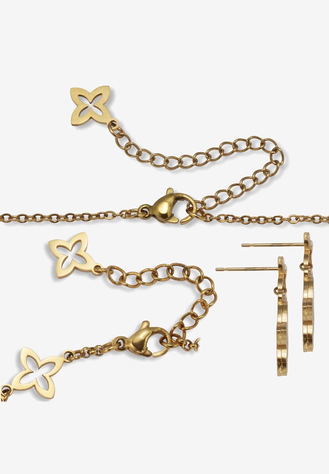 Genuine Mother Of Pearl Gold Ion-Plated Stainless Steel Clover Jewelry Set, , on-hover image number null