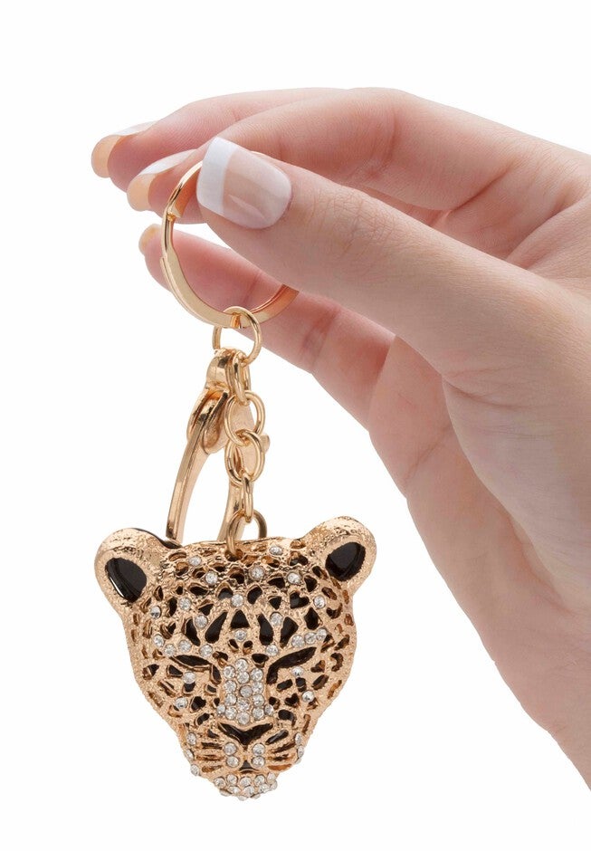 Goldtone and Enamel Round Crystal Leopard Cat Key Ring, , alternate image number 2