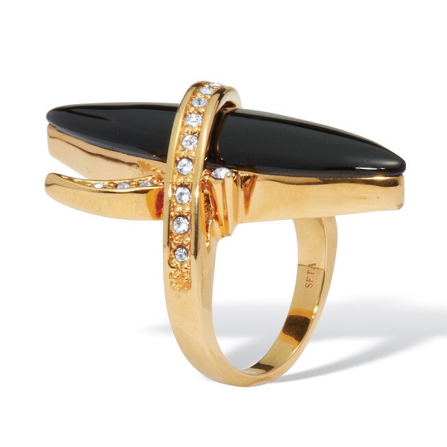 Gold-Plated Wrapped Marquise Onyx and Crystal Ring, BLACK, on-hover image number null