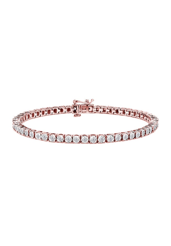Rose Gold Plated Sterling Silver Miracleset Diamond Round Faceted Bezel Tennis Bracelet 6 inches, ROSE GOLD, hi-res image number 0
