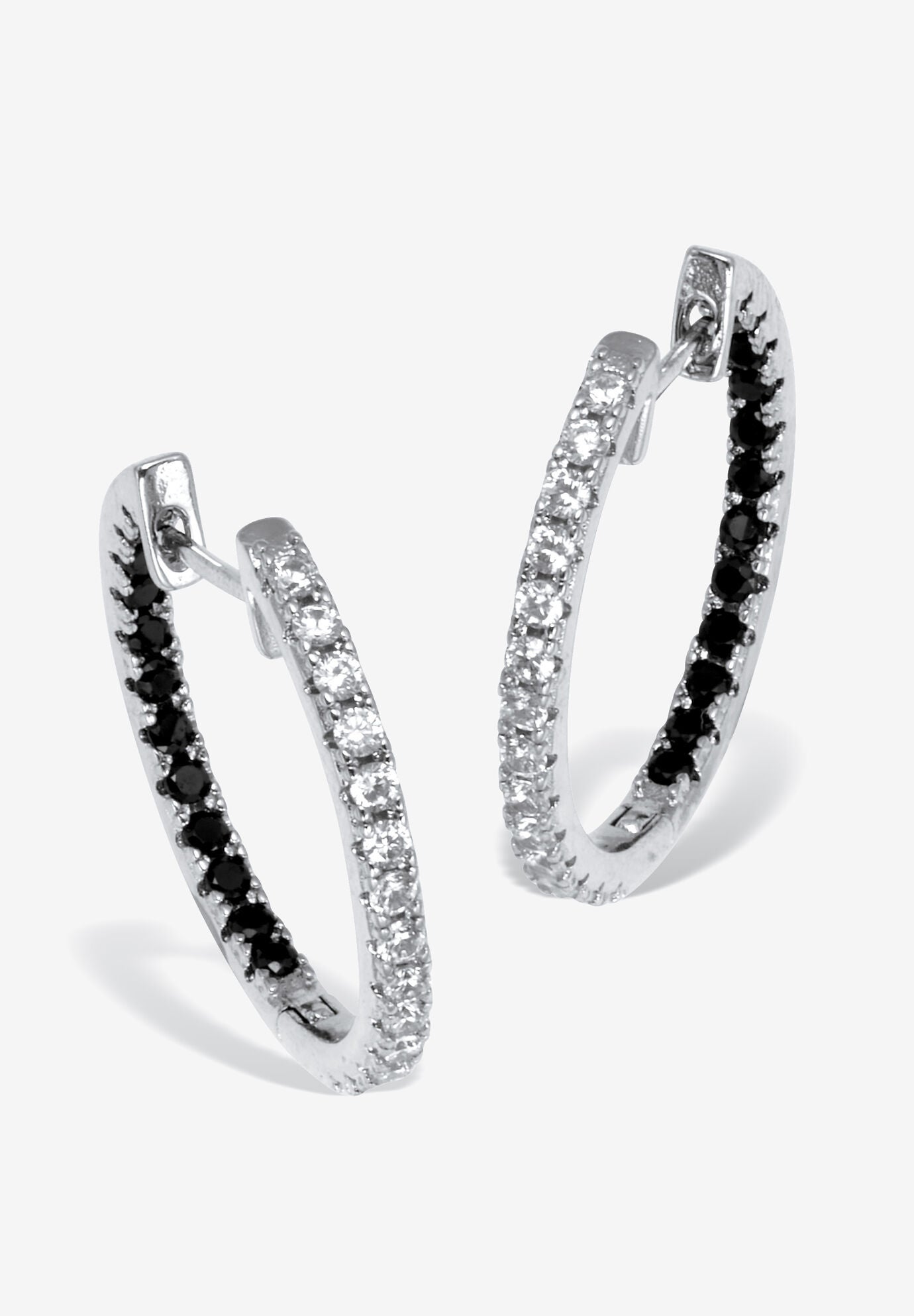 Round Black And White Crystal Silvertone Hoop Earrings, 26Mm, SILVER, hi-res image number 0