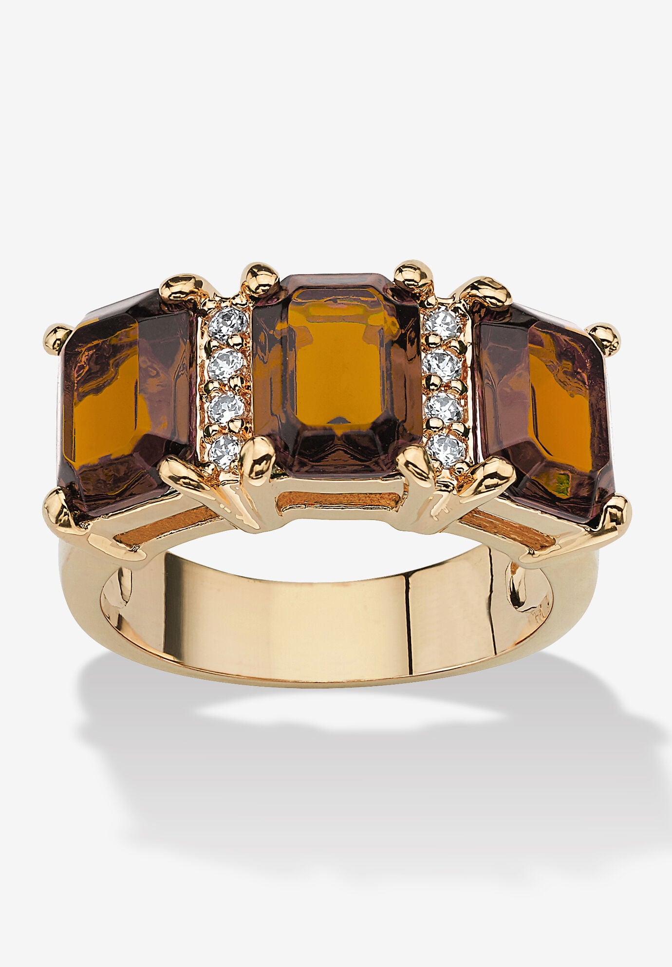 Yellow Gold-Plated Emerald Cut 3 -Stone Simulated Birthstone & CZ Ring, NOVEMBER, hi-res image number 0
