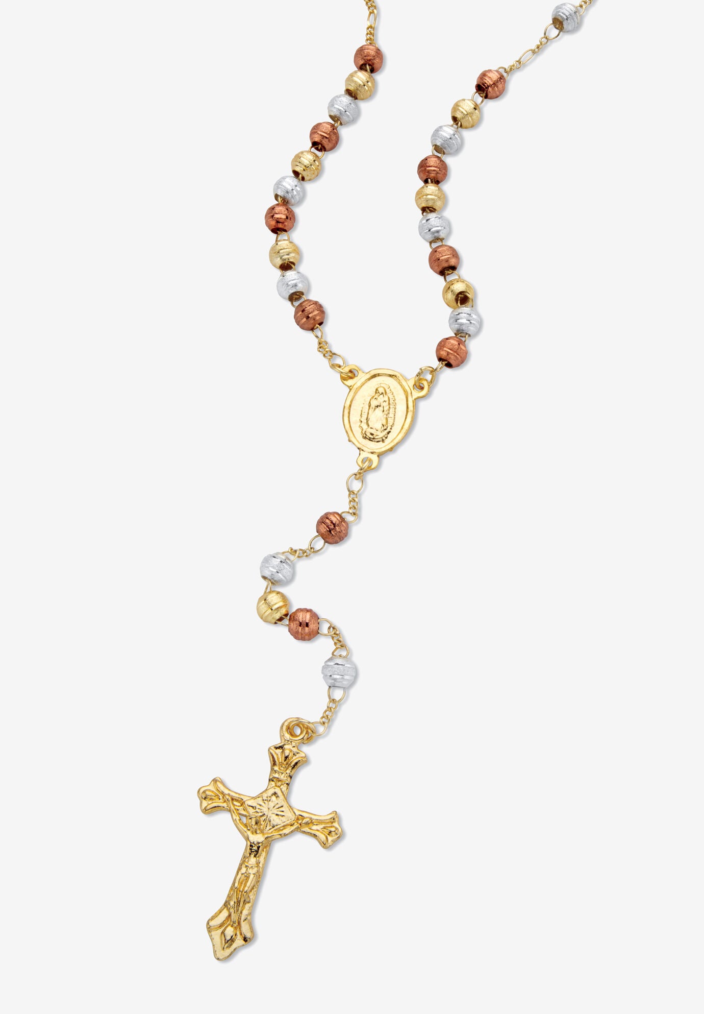 Tri Tone Goldtone Beaded Rosary Style Necklace (5Mm), 20 Inches Jewelry, WHITE, hi-res image number 0