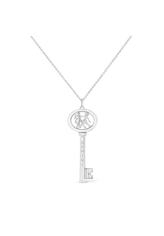 Sterling Silver Diamond Accent Gemini Zodiac Key Pendant Necklace, , on-hover image number null