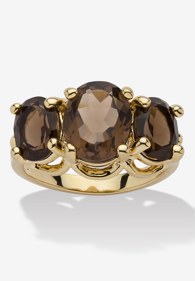 4.90 Tcw Oval-Cut Genuine Smoky Quartz Yellow Gold-Plated 3-Stone Ring, BROWN, hi-res image number null