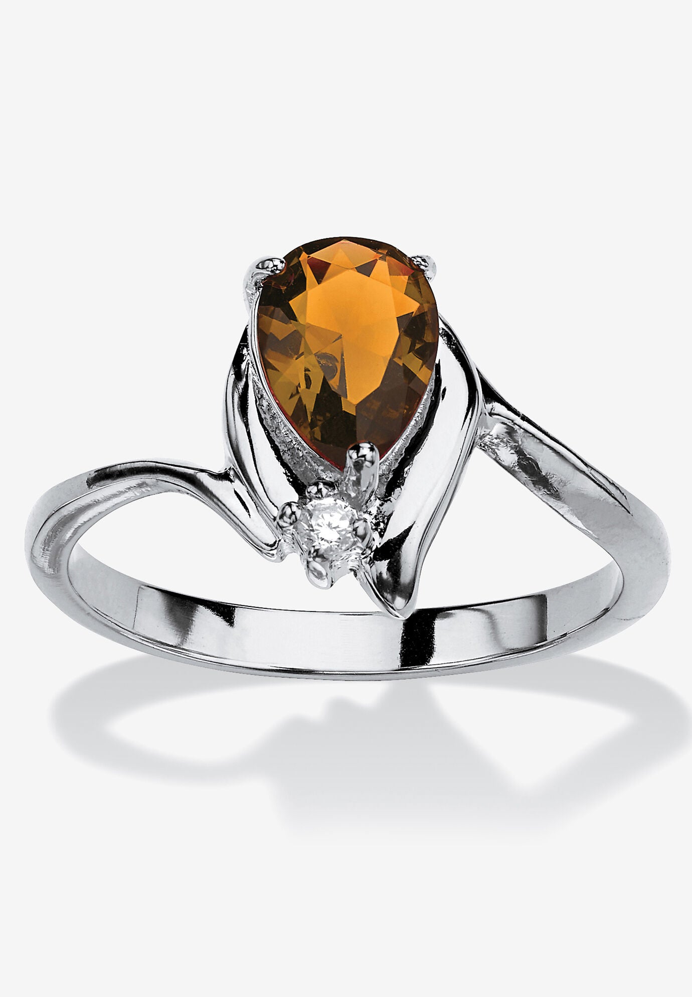 Silvertone Simulated Pear Cut Birthstone And Round Crystal Ring Jewelry, CITRINE, hi-res image number 0