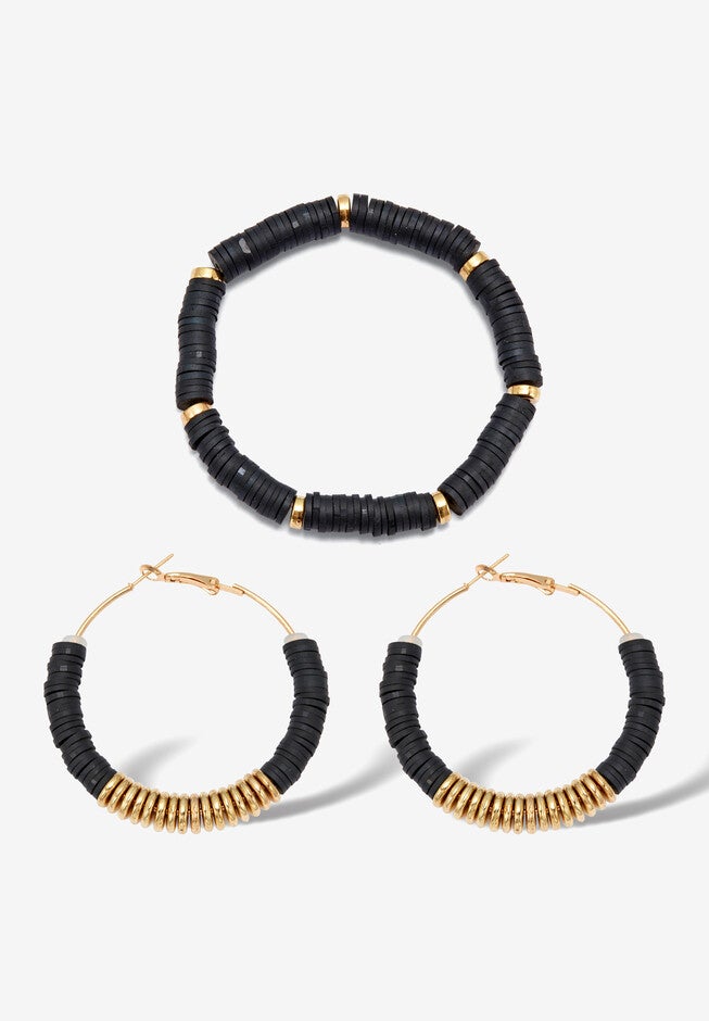 Black Disc Beaded Goldtone Hoop Earrings And Stackable Stretch Bracelet Set, , on-hover image number null