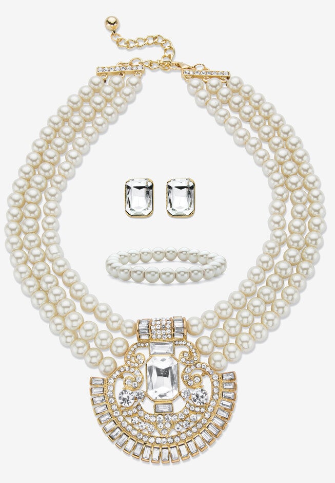 Gold Tone Simulated Pearl Bib 17 inches Necklace Set with Emerald Cut Crystals, DIAMOND, hi-res image number null