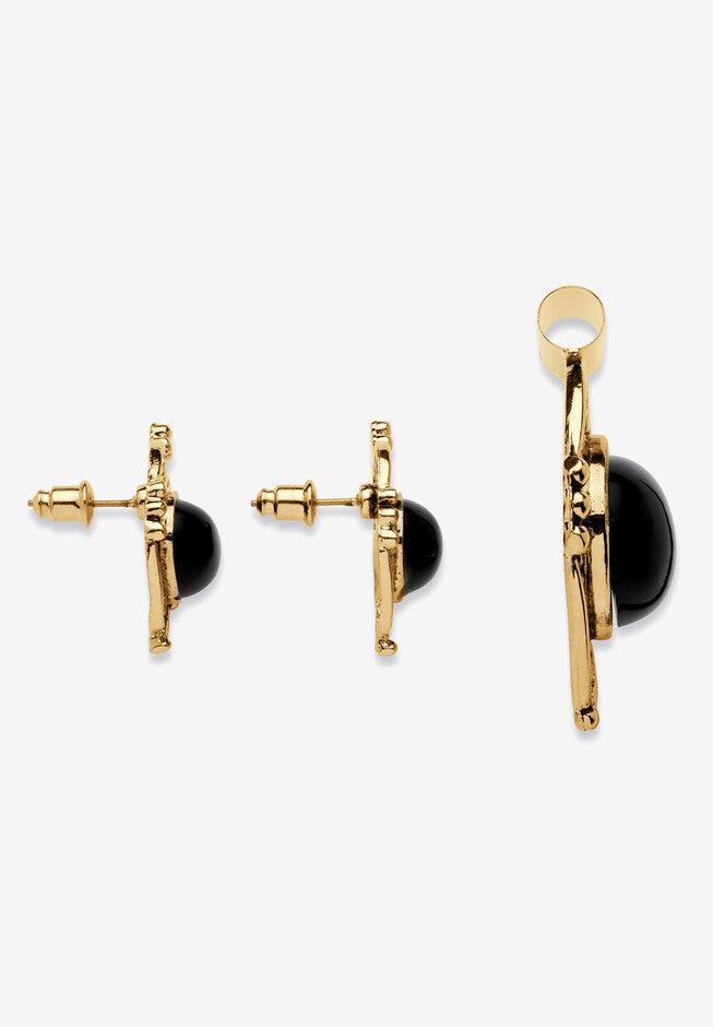 Yellow Gold Plated Antiqued 2 Piece Set Pendant (37mm) Oval Shaped Natural Black Onyx, , on-hover image number null