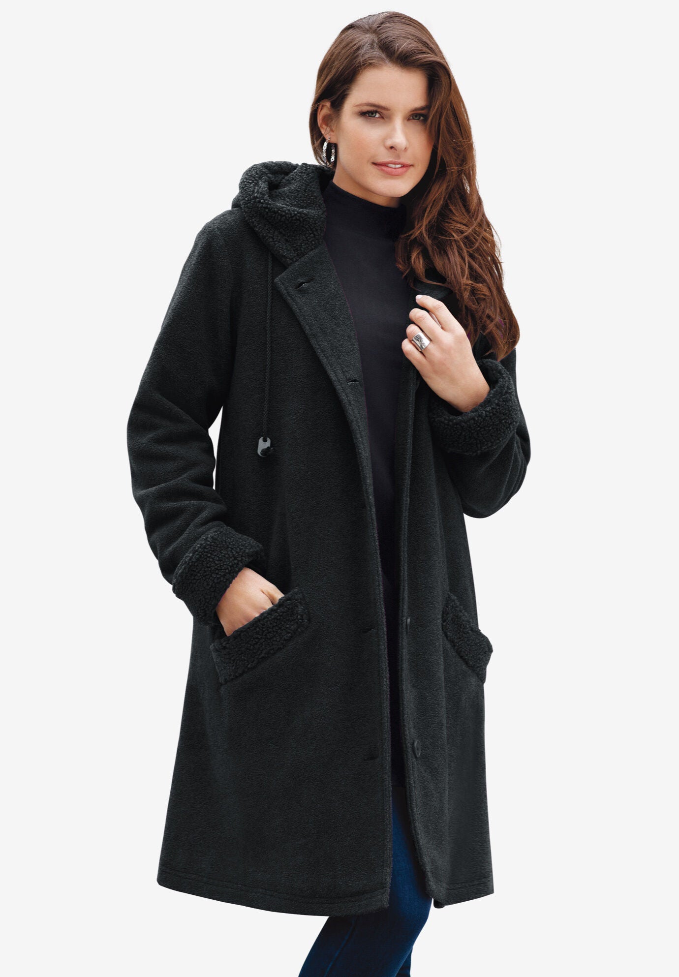 Hooded Button Front Fleece Coat