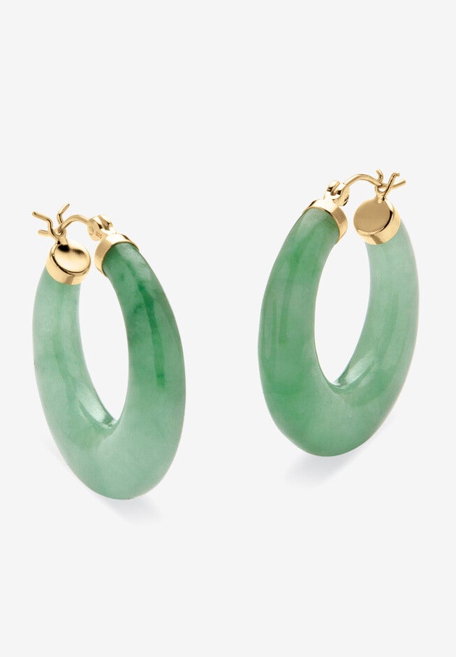 Goldtone Over Sterling Silver Genuine Green Jade Hoop Earrings (31Mm) Jewelry, , on-hover image number null