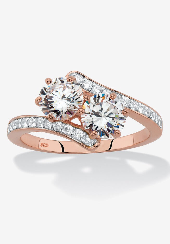 2.20 Cttw. Rose Gold-Plated .925 Silver Round Cubic Zirconia 2-Stone Bypass Ring, GOLD, hi-res image number 0
