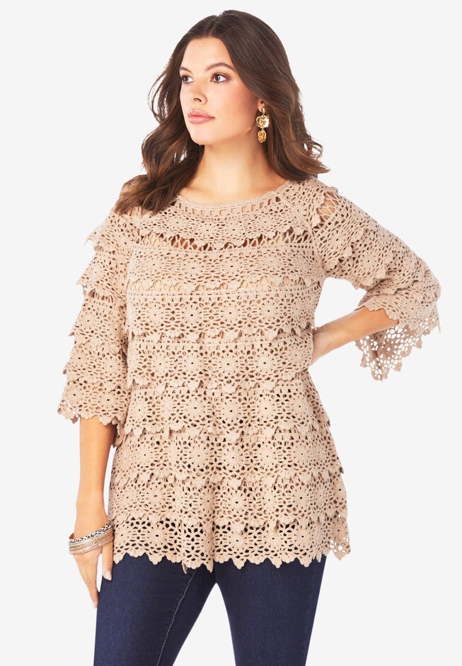 Tiered Crochet Sweater, NEW KHAKI, hi-res image number null