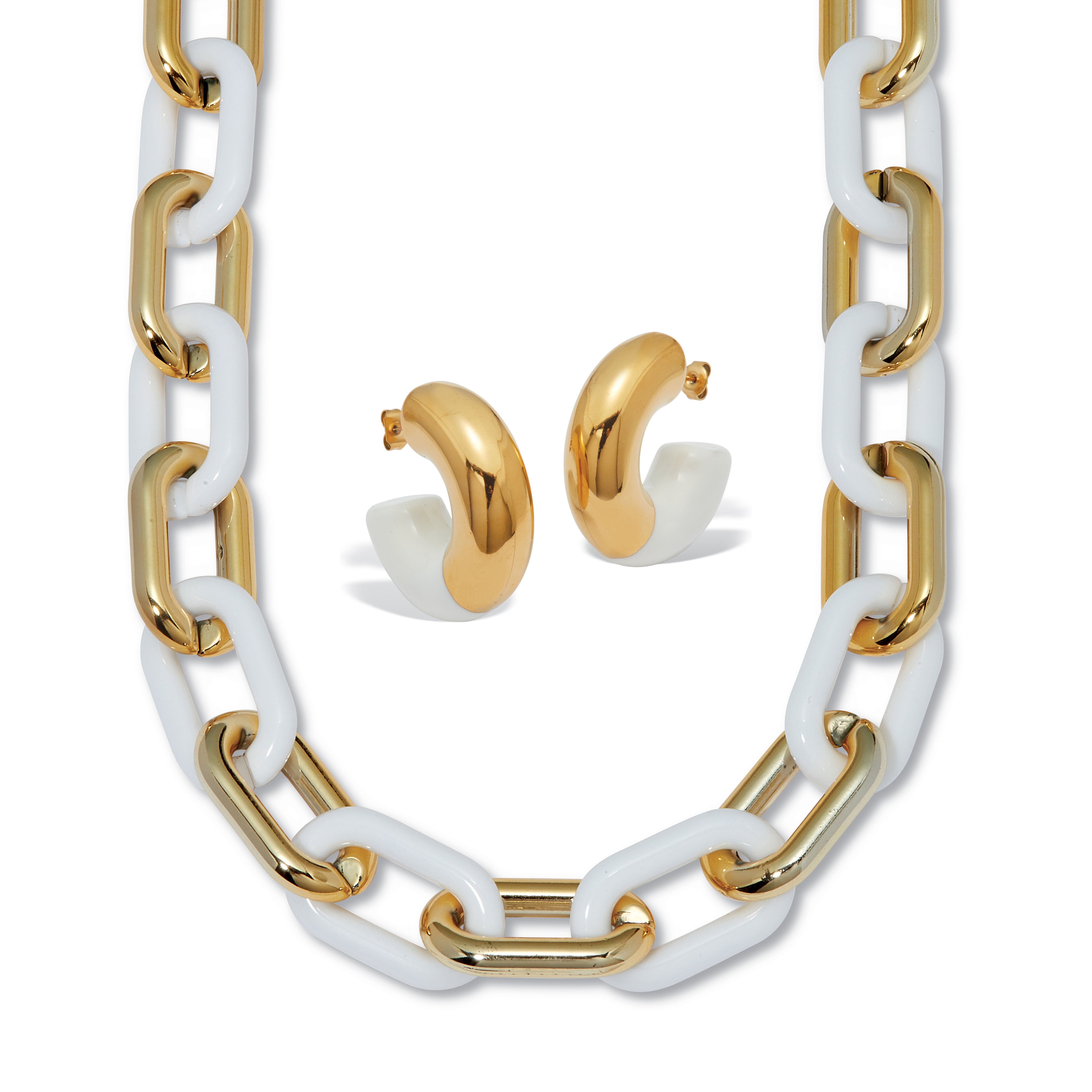 Acrylic Link Necklace and Gold Ion-Plated Stainless Steel Hoop Earrings Set, GOLD WHITE, hi-res image number 0