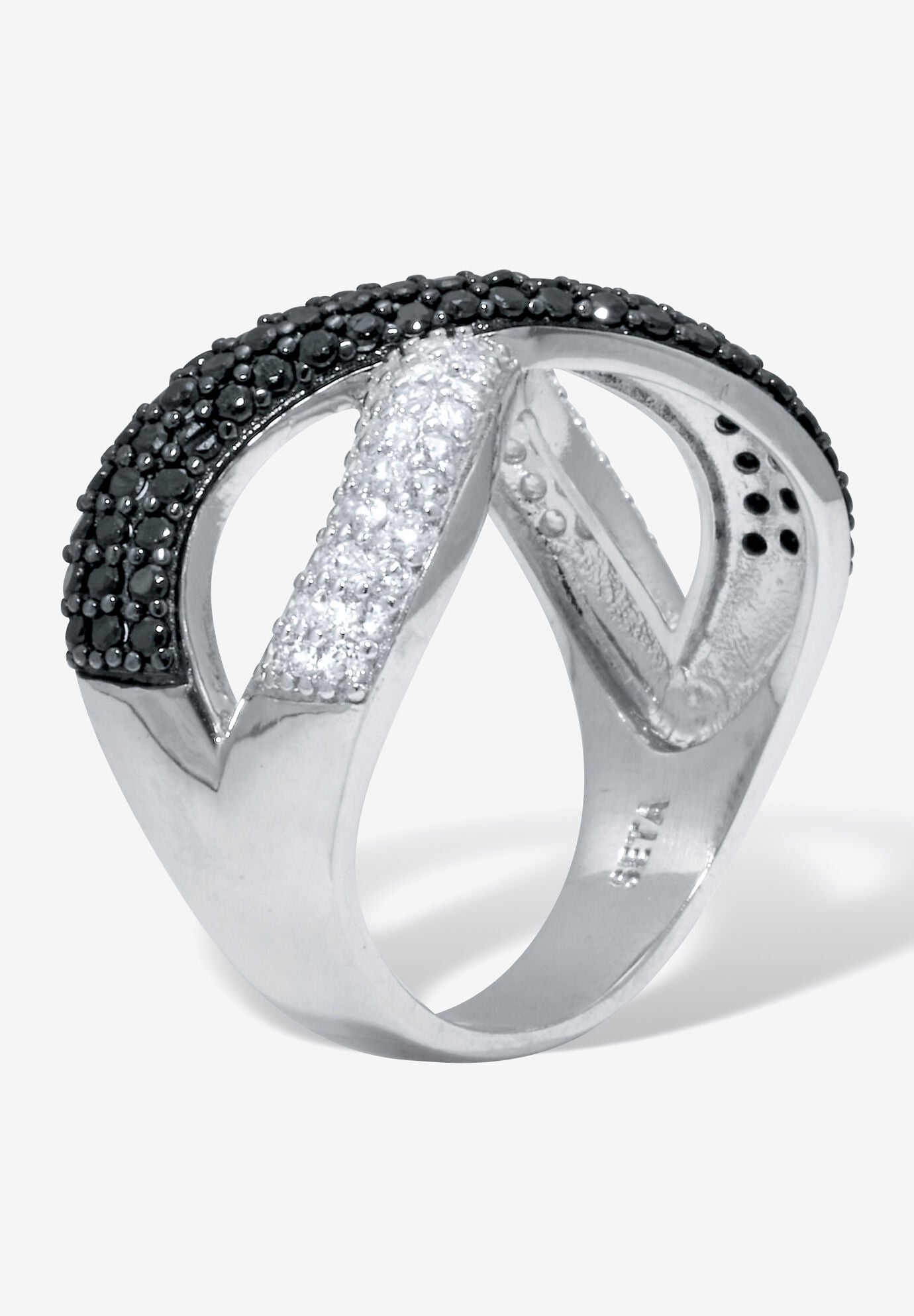 .54 Tcw Round Genuine Zircon And Black Spinel Sterling Silver Crossover Ring, , on-hover image number 1