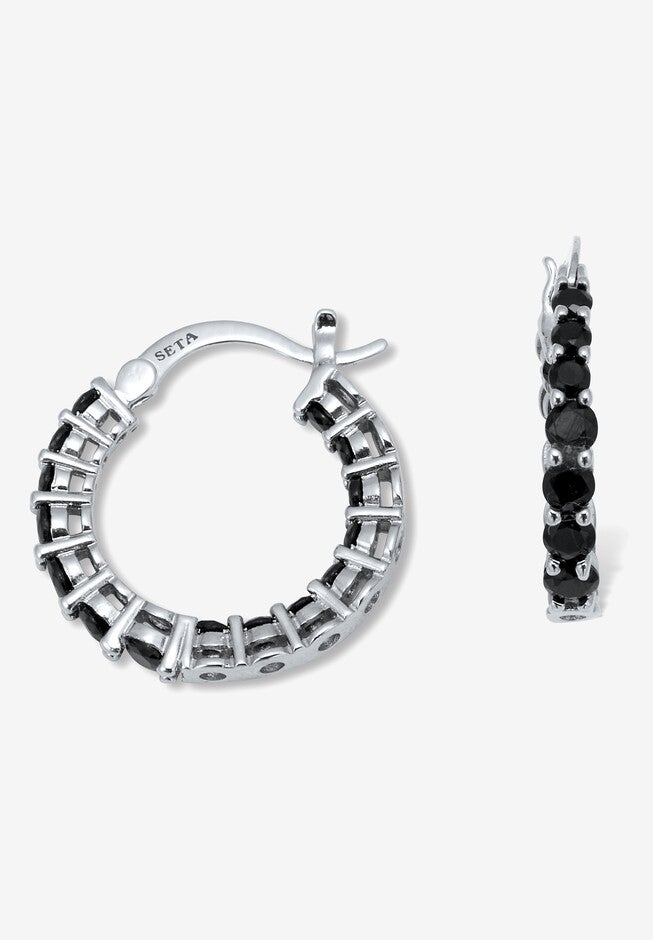 Round Black Crystal Silvertone Hoop Earrings 26Mm, , on-hover image number null