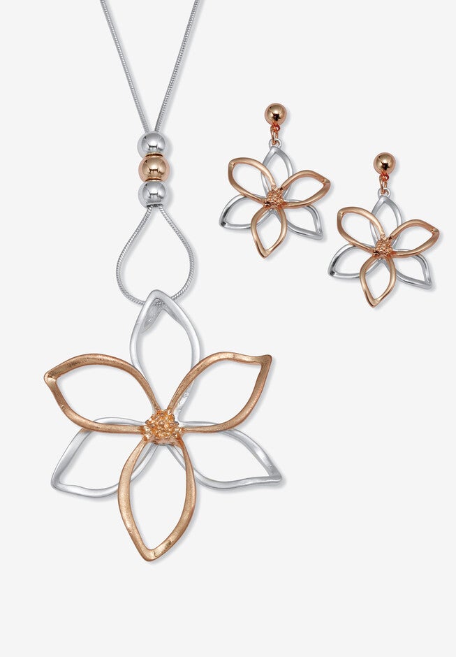 14K Rose-Plated Flower Drop Earring And Necklace Set 36-Inch, GOLD, hi-res image number null