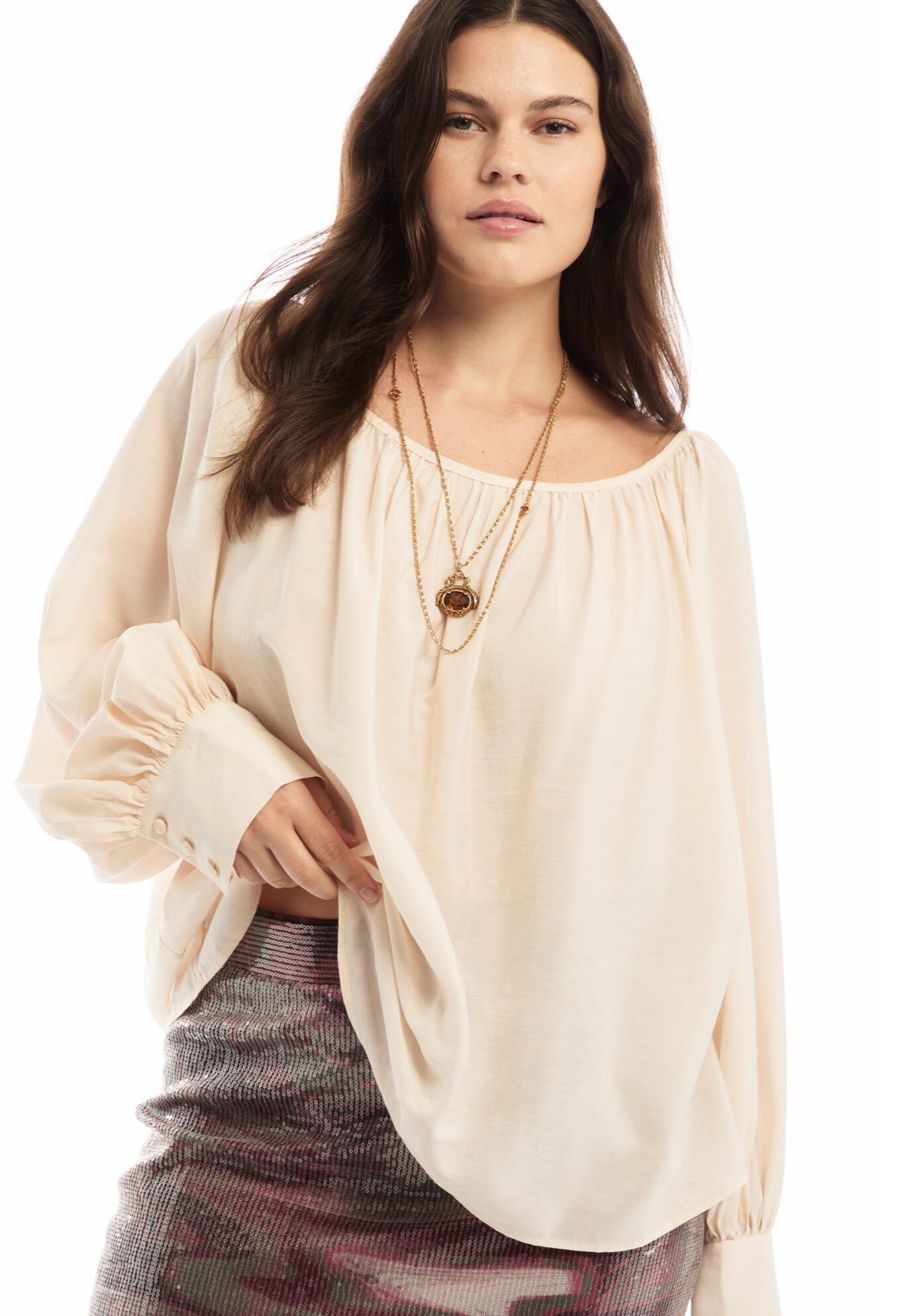 Boat Neck Balloon-Sleeve Blouse