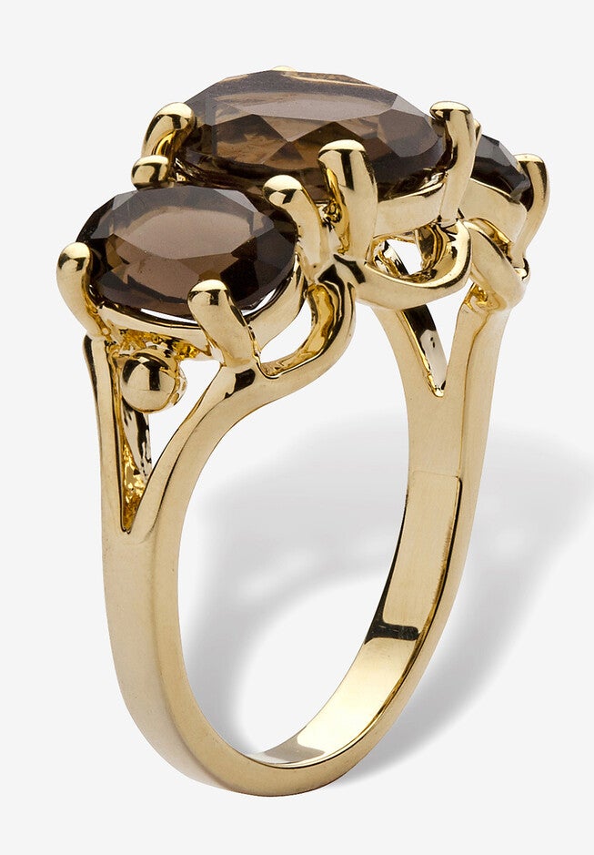 4.90 Tcw Oval-Cut Genuine Smoky Quartz Yellow Gold-Plated 3-Stone Ring, , on-hover image number null