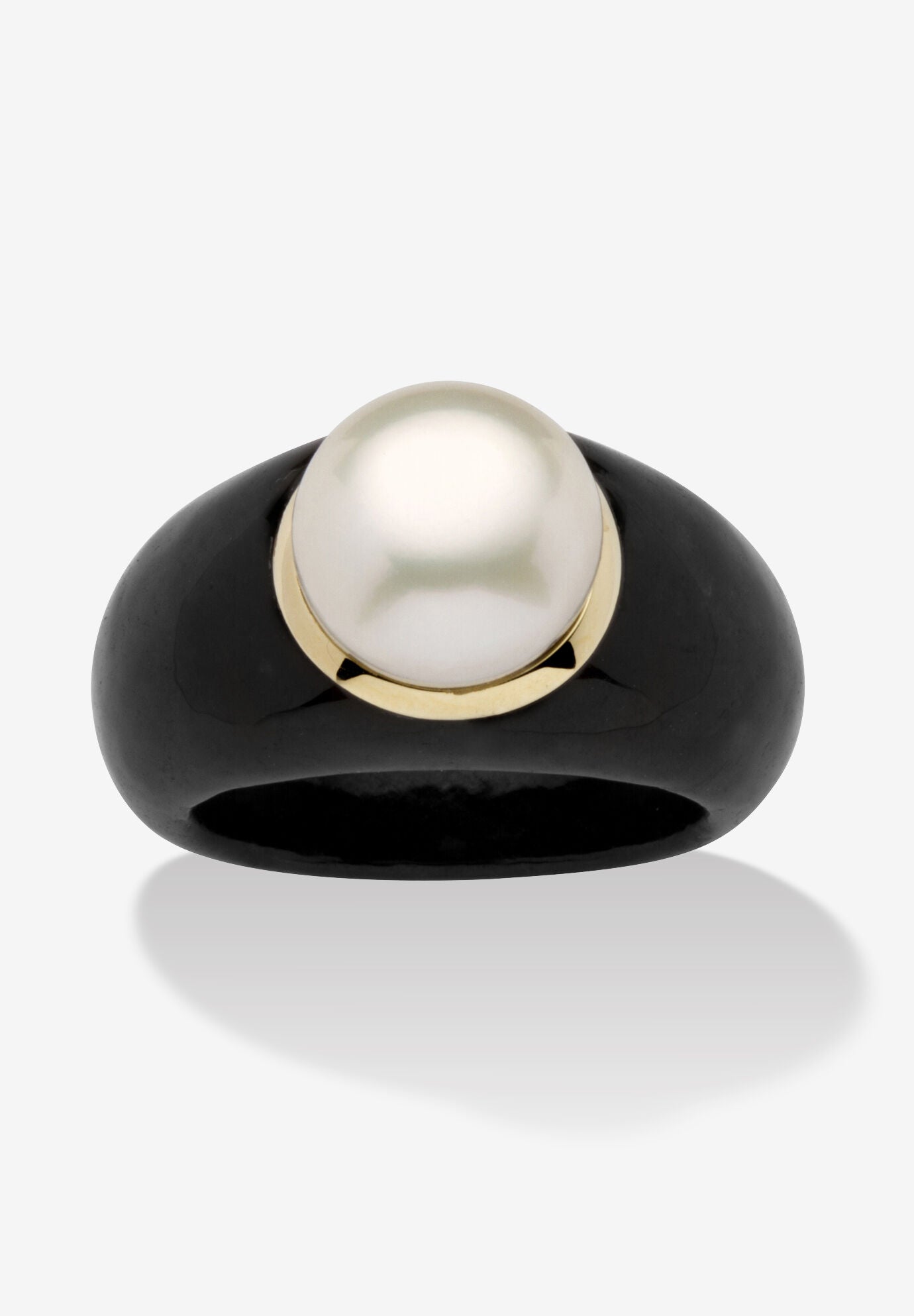 10K Black Pearl Ring Round Cultured Pearl Black Jade Yellow Gold Ring, BLACK, hi-res image number 0