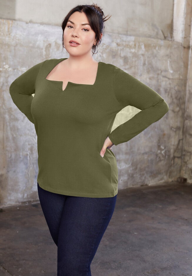Split-Neck Long-Sleeve One + Only Tee, DARK OLIVE GREEN, hi-res image number null