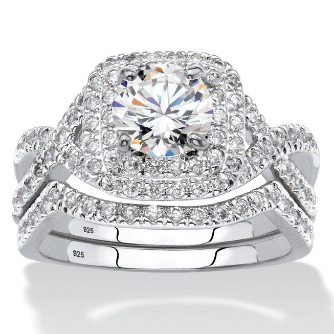 2.20 TCW CZ Two-Piece Halo Bridal Ring Set in Platinum-plated Sterling Silver, WHITE, hi-res image number null