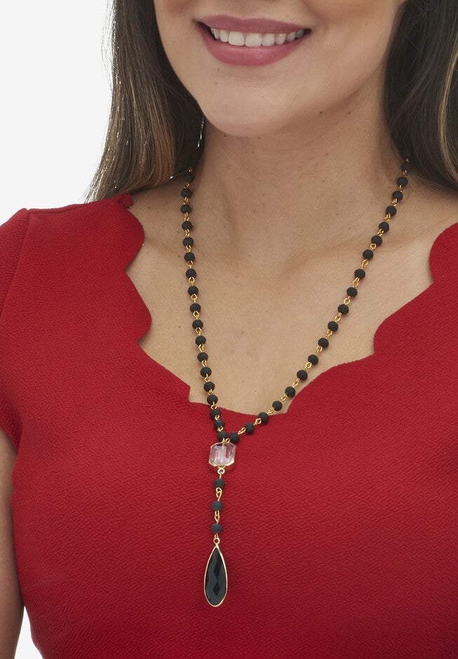 Black Crystal Goldtone Drop Necklace And Crystal Earrings, 2-Piece Set, , alternate image number null