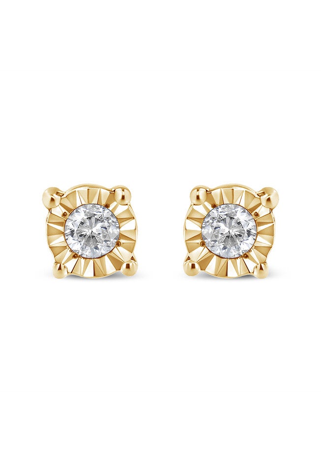 Yellow Gold Plated Sterling Silver Round Brilliantcut Diamond Miracleset Stud Earrings, YELLOW GOLD, hi-res image number 0