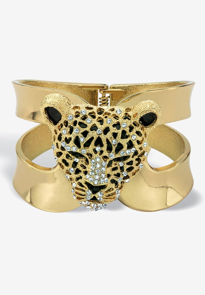 Goldtone Crystal Leopard Hinged Cuff Bangle Bracelet (50Mm), CRYSTAL, hi-res image number null