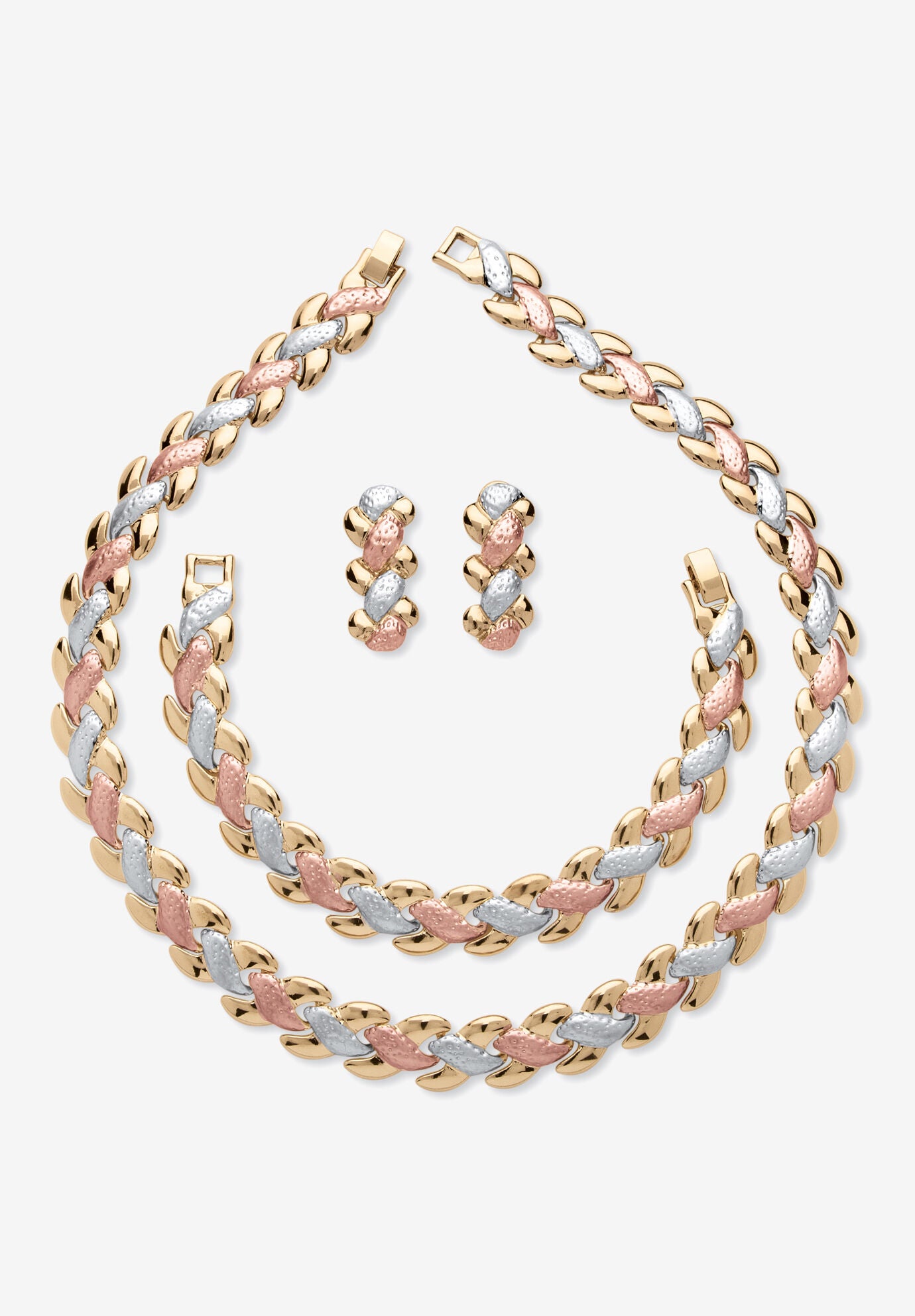 Tri Tone Goldtone Rosetone Silvertone Interlocking Link Necklace, Bracelet And Earring Set, 17 Inches Jewelry, GOLD, hi-res image number 0