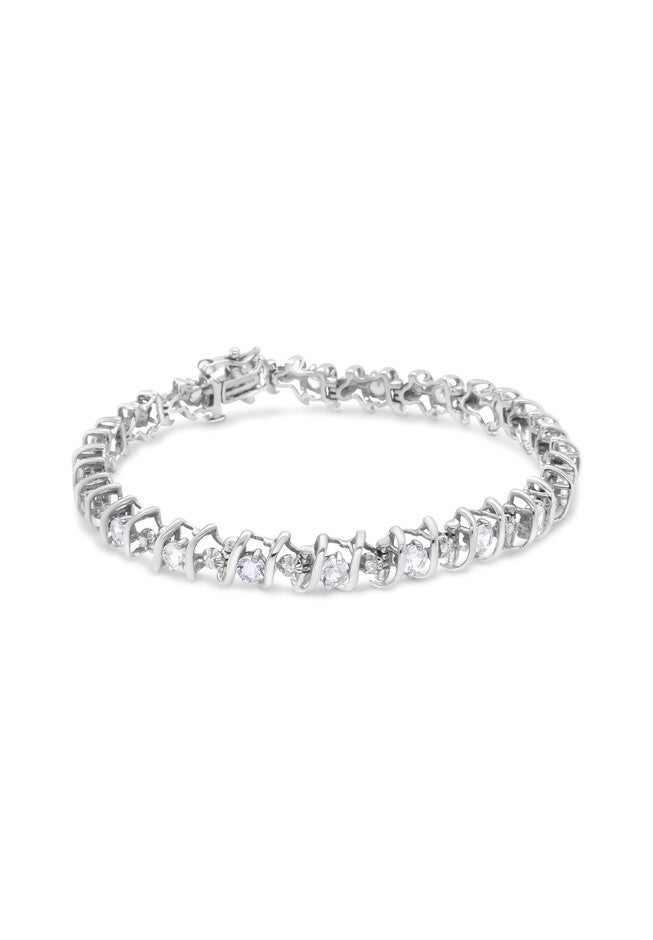 Sterling Silver Gemstone & Round Diamond Tennis Bracelet White Sapphire April Birthstone, , alternate image number null
