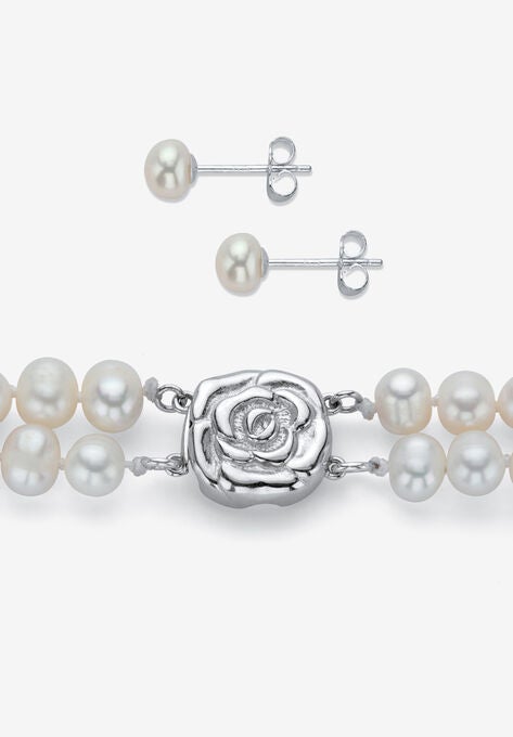 Pearl 3-Piece Earring, Double Strand Necklace And Bracelet Set In Sterling Silver 18", , on-hover image number null