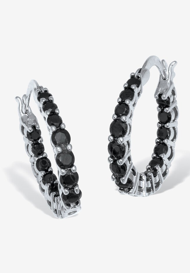 Round Black Crystal Silvertone Hoop Earrings 26Mm, BLACK, hi-res image number null