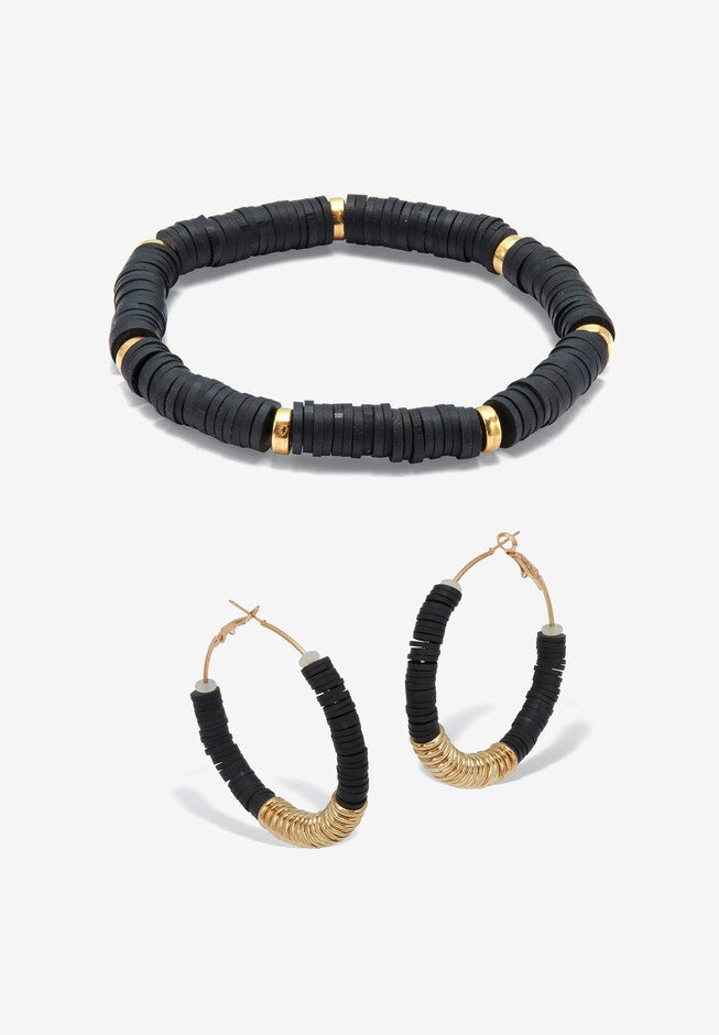 Black Disc Beaded Goldtone Hoop Earrings And Stackable Stretch Bracelet Set, BLACK GOLD, hi-res image number null