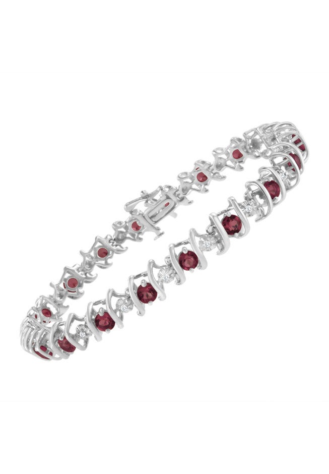 Sterling Silver Gemstone & Round Diamond Tennis Bracelet Ruby July Birthstone, , alternate image number null