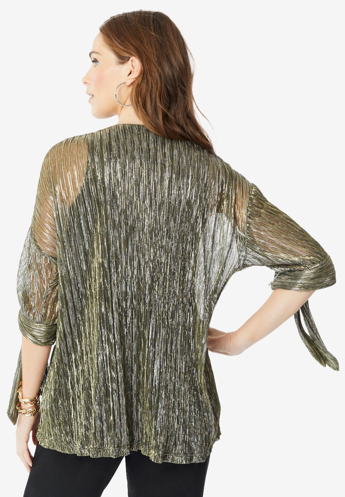 V-Neck Tie-Sleeve Plisse Blouse, , on-hover image number 1