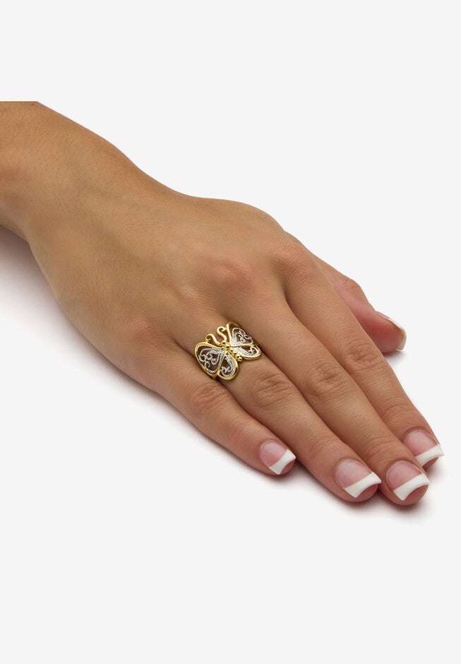 Yellow Gold Plated Two Tone Filigree Butterfly Ring, , alternate image number 2