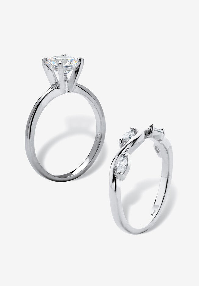 1.48 Cttw. Cubic Zirconia Sterling Silver 2-Pc. Solitaire Vine Bridal Ring Set, , on-hover image number 1