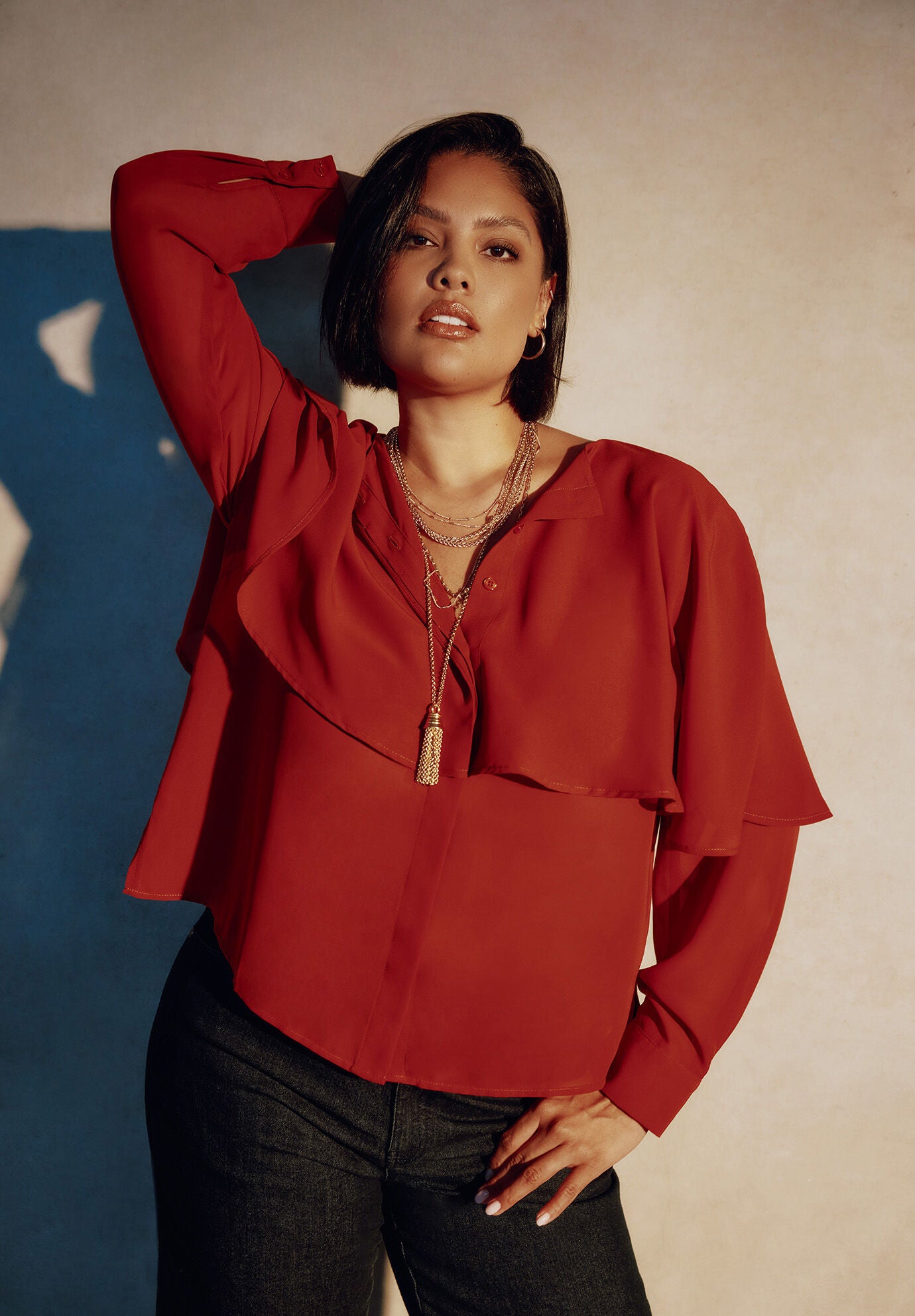 Chiffon Cuff-Sleeve Cape Blouse