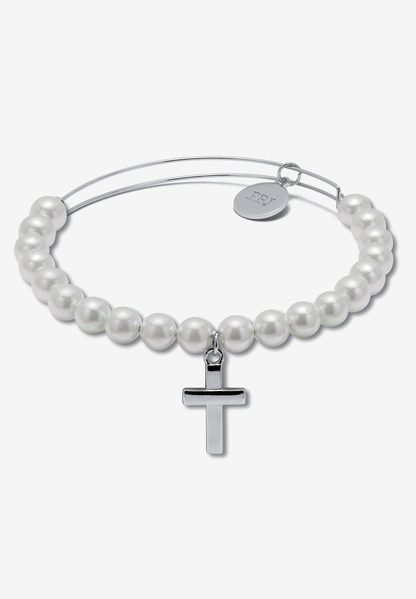 Genuine Cultured Freshwater Pearl Silvertone Cross Charm Bangle, 7.5 Inches, PEARL SILVER, hi-res image number 0