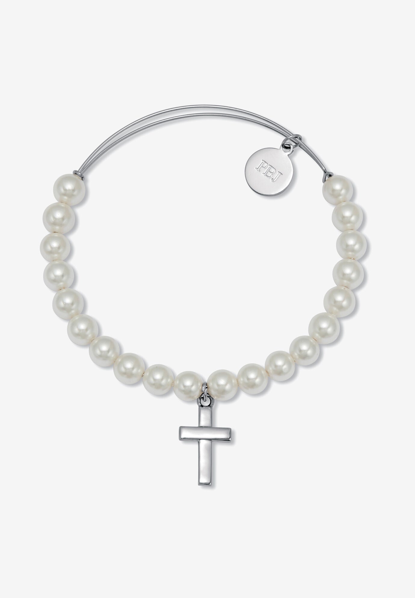 Genuine Cultured Freshwater Pearl Silvertone Cross Charm Bangle, 7.5 Inches, , on-hover image number 1