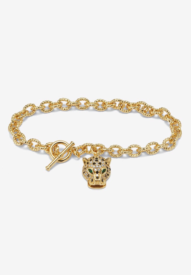 Marquise Cut Green Crystal Goldtone Charm Bracelet, 8 Inches, GREEN, hi-res image number 0