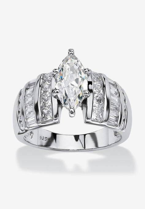 Platinum over Silver Marquise Cut Engagement Ring, CUBIC ZIRCONIA, hi-res image number null