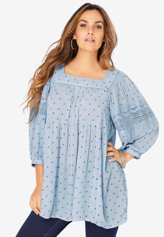 Square-Neck Crinkle Big Shirt, PALE BLUE DOTS, hi-res image number 0