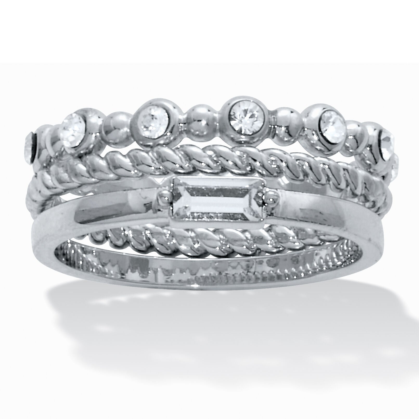 3-Piece Platinum Plated Crystal Stacked Band Set, WHITE, hi-res image number 0