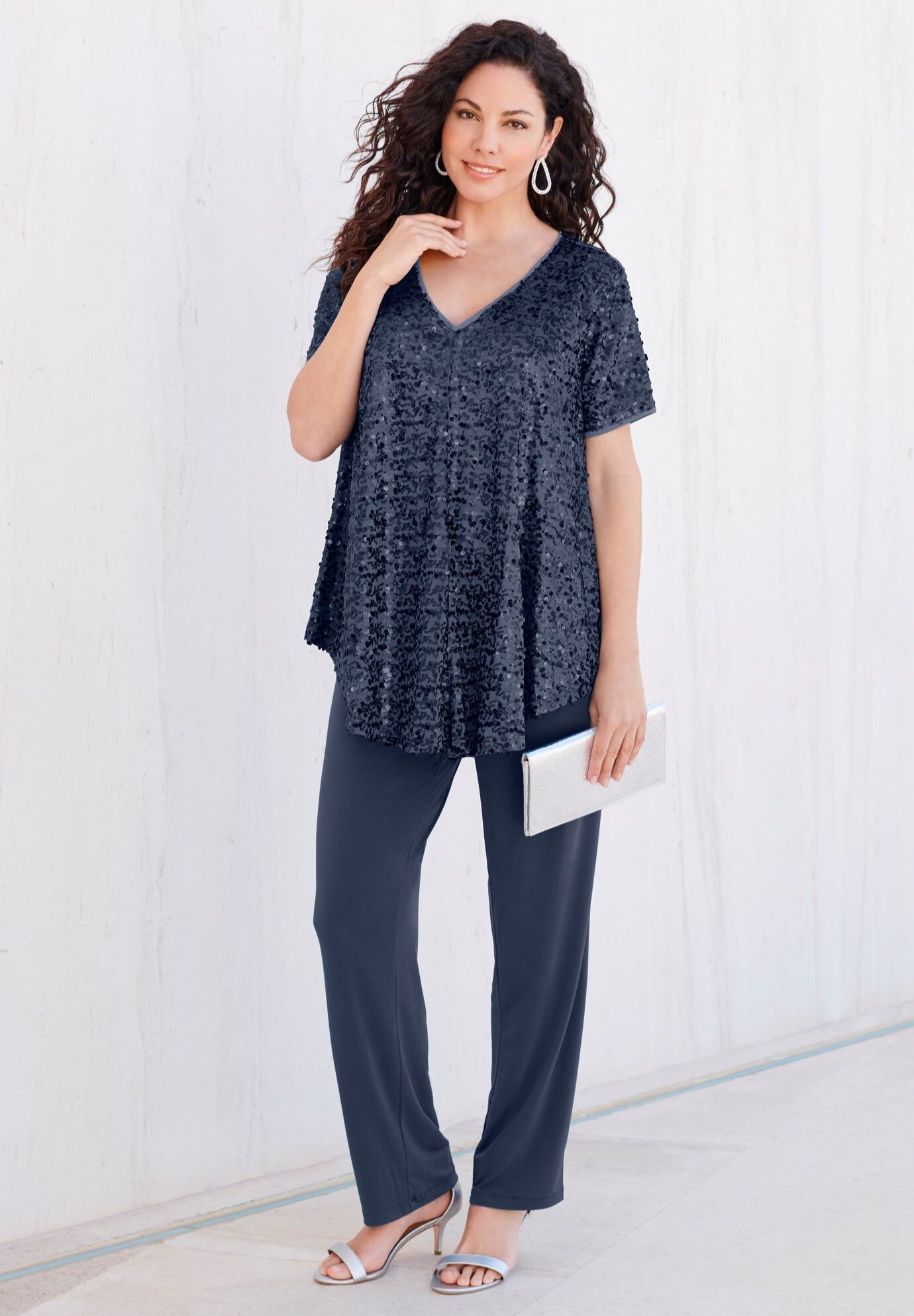 Plus-Size 2 Piece S/S Sequin Top and Pant Set