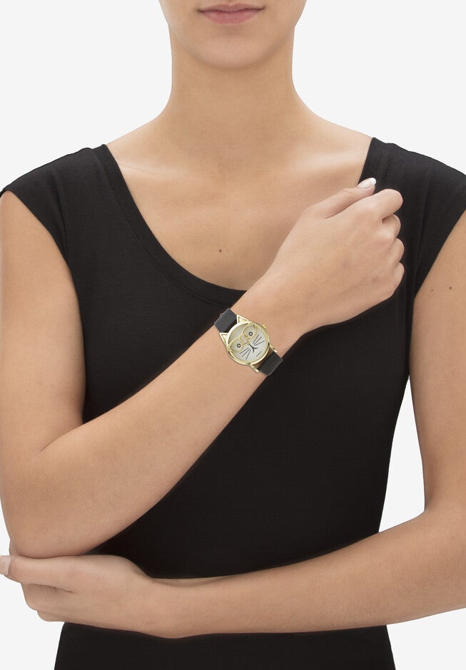 Cat Watch Gold Tone With Adjustable Black Strap 8 inches Length, , alternate image number 2